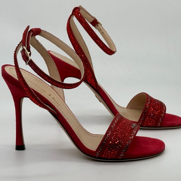 DIOR DWAY D WAY Strass Crystal Embroidered Cotton Sandals Heels Shoes - Picture 8 of 16